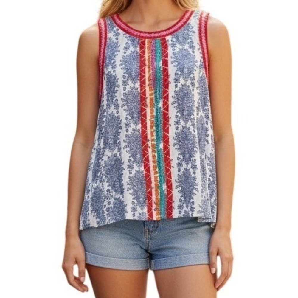 ANTHROPOLOGIE‎ THML Shaniya Sleeveless Embroidered Blue and White Top NWT $69 S